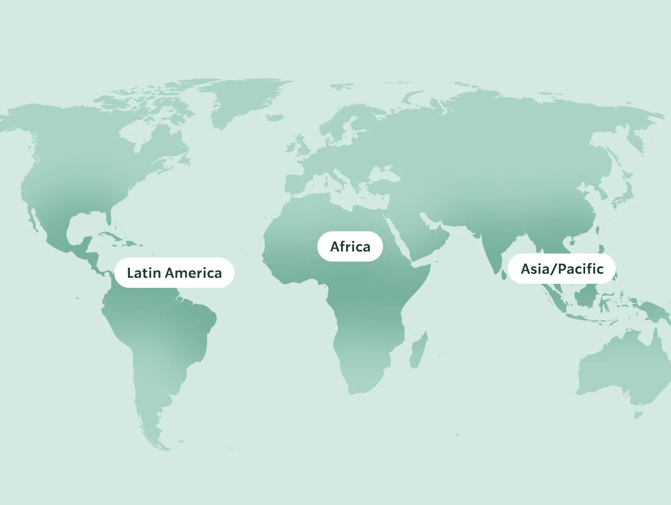 World map highlighting Latin America, Africa, and Asia Pacific regions on a light green background.
