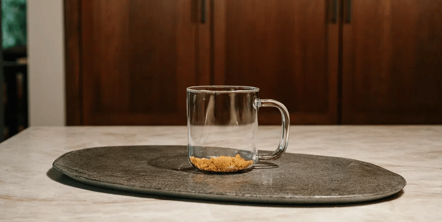 Clear glass mug with a dark round coaster on a light wooden surface.