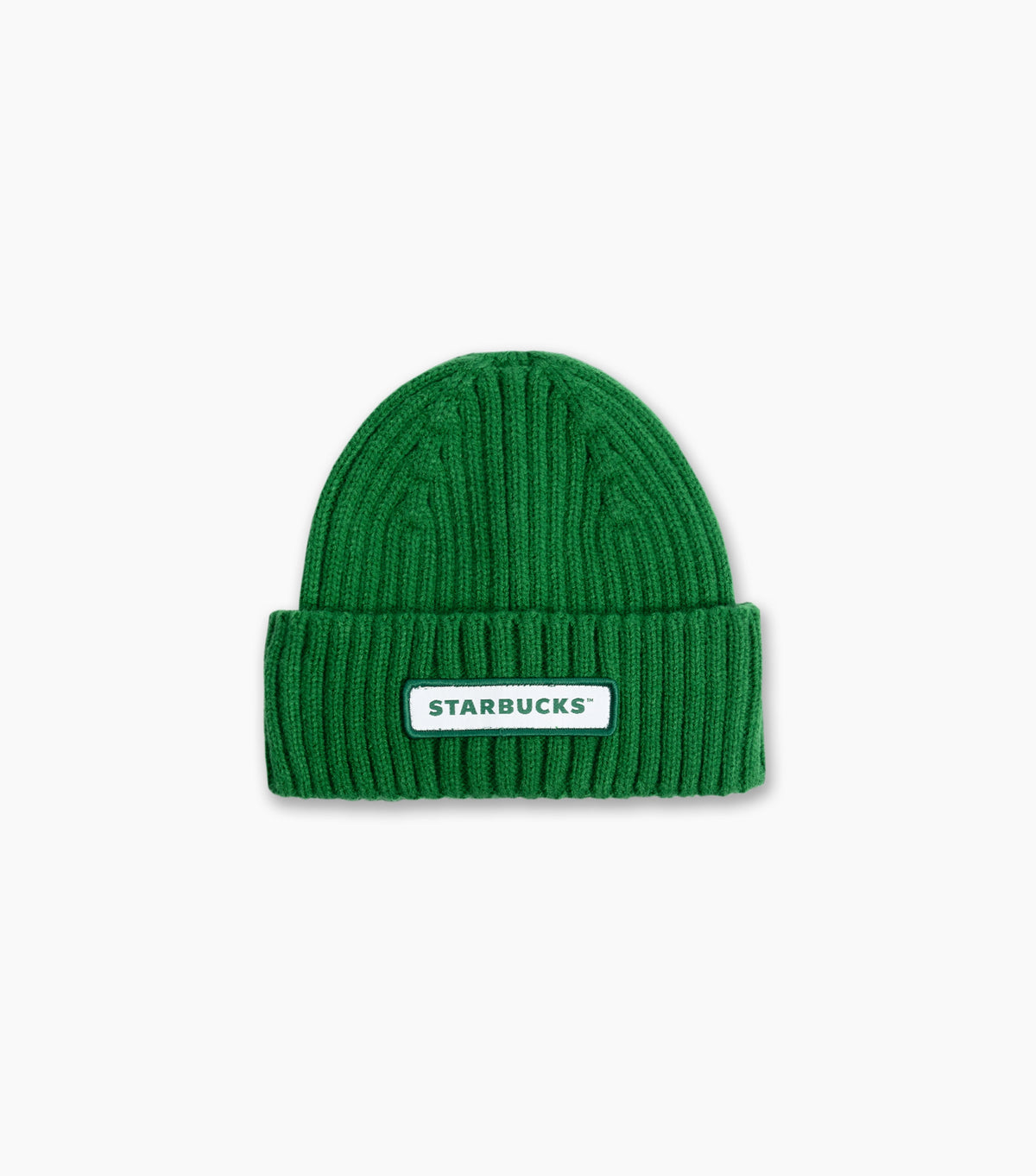 Green ribbed knit beanie with a folded cuff and an embroidered Starbucks wordmark patch on the front.