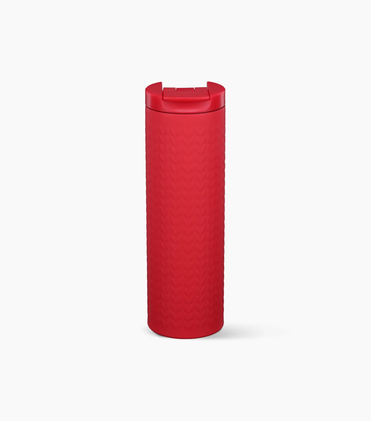 A tall matte red tumbler featuring a knit-texture pattern and a solid red lid.