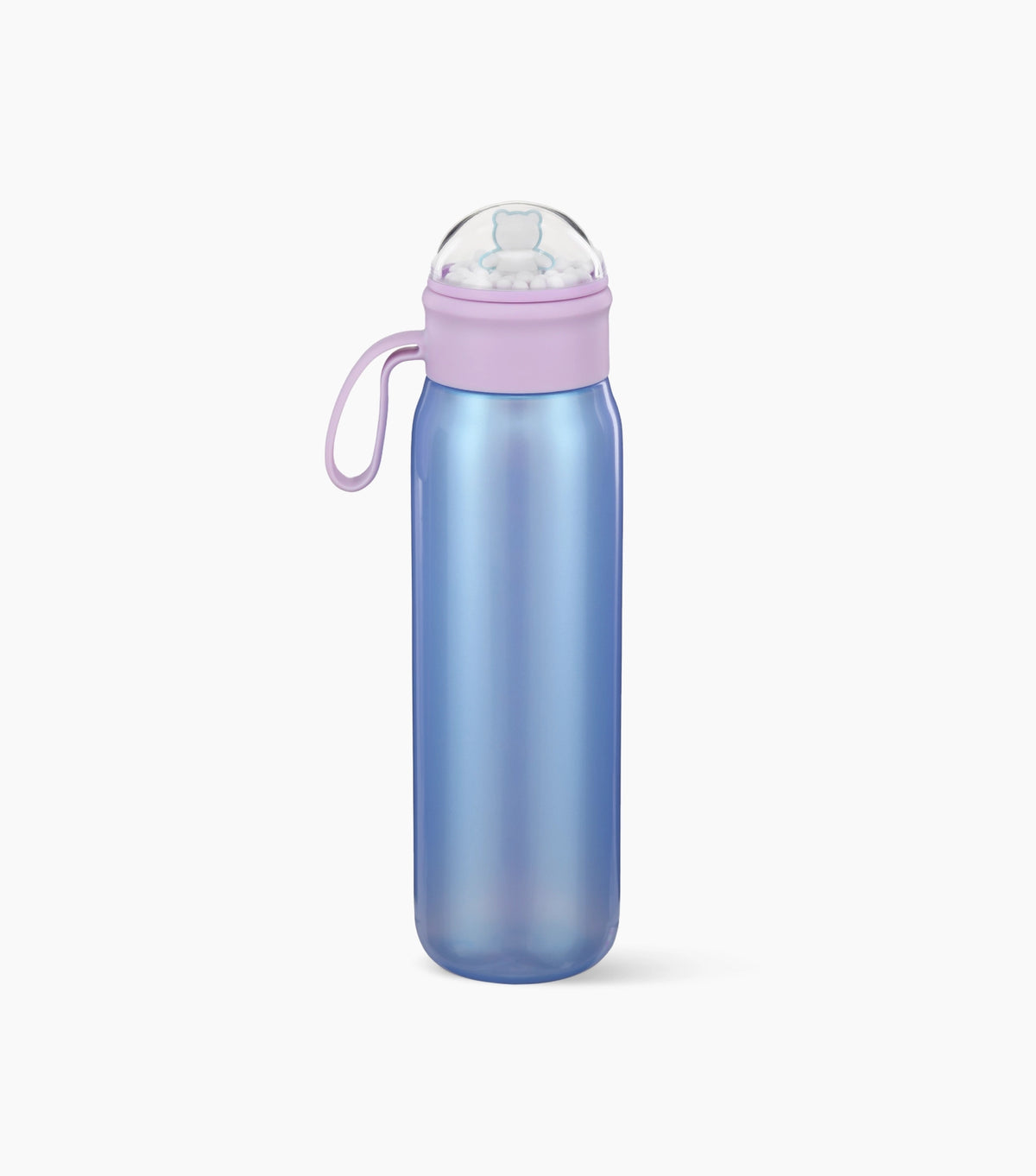 The back of the periwinkle water bottle, with a lilac lid, a carry loop and a snow globe topper, shown on a clean white background.