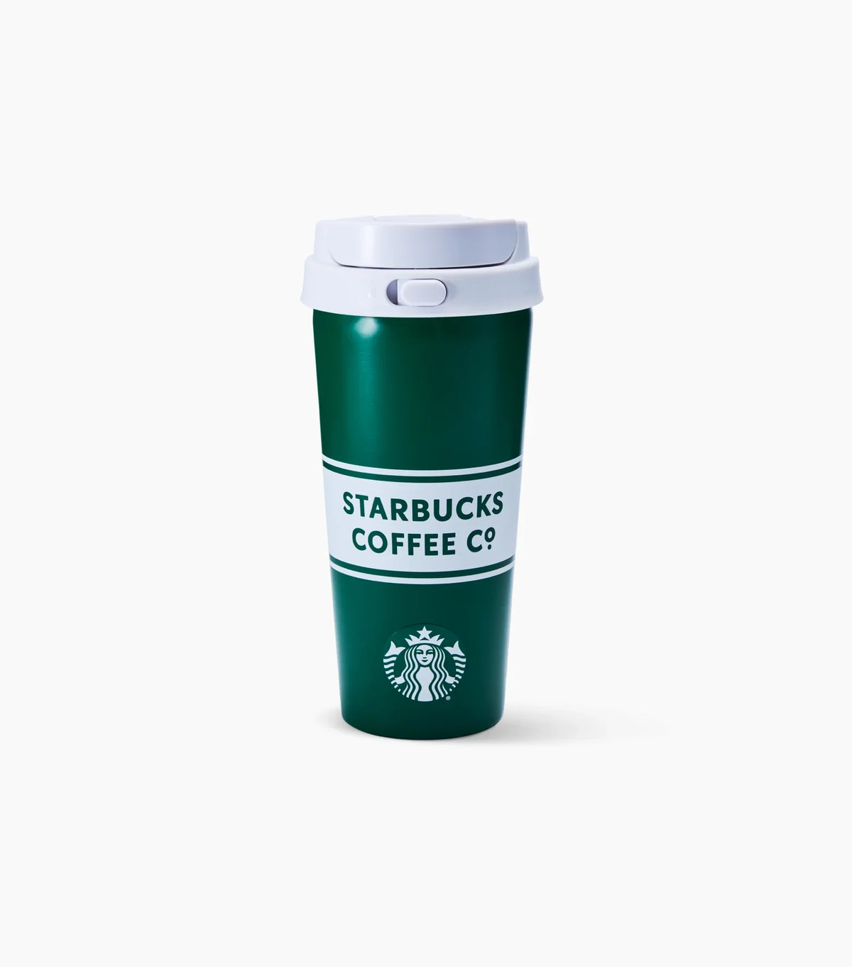 Green Starbucks coffee cup with white lid on a white background