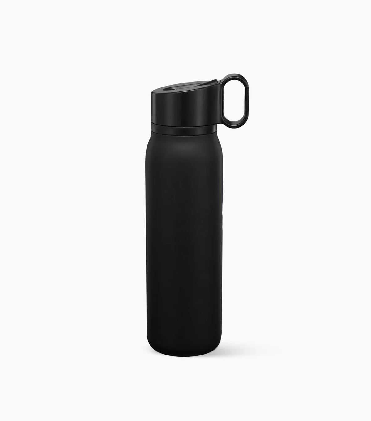 Side of a black Starbucks Stainless Steel Twist-to-Sip Water Bottle with a handle at the cap, on a white background.