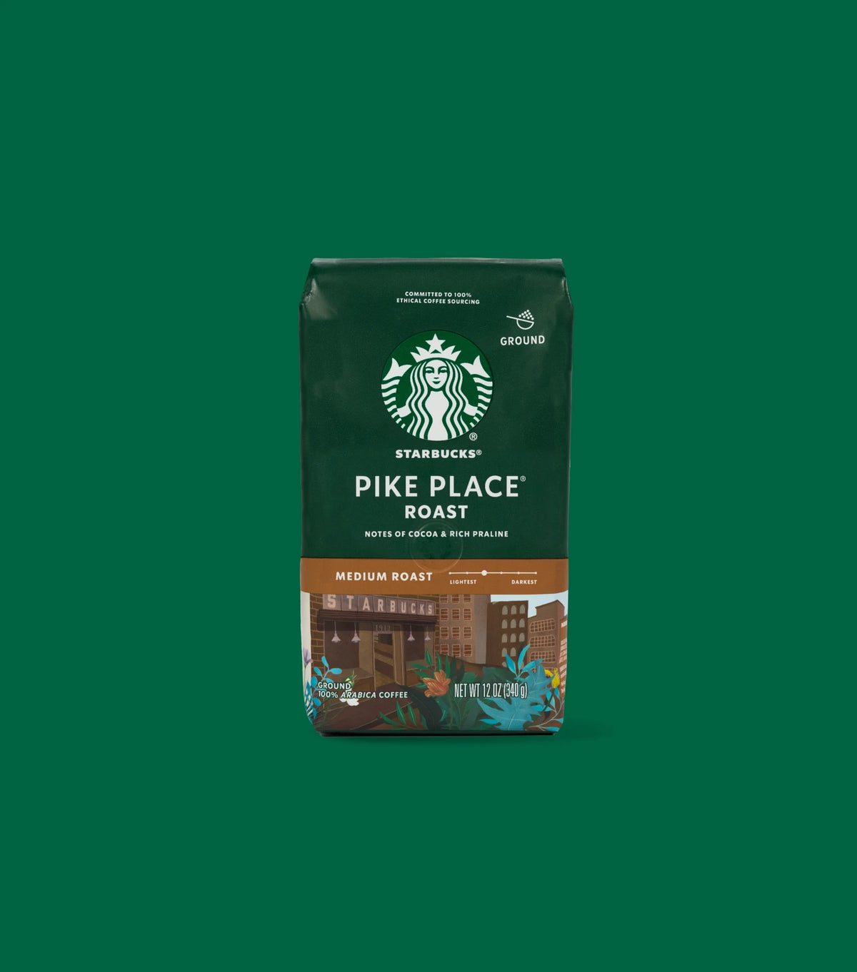Starbucks Pike Place Roast ground coffee bag on a green background.