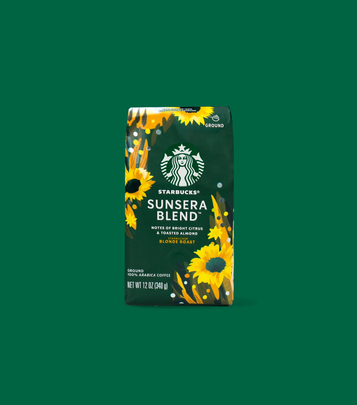 Starbucks Sunsera Blend ground coffee bag with sunflower design on a green background.