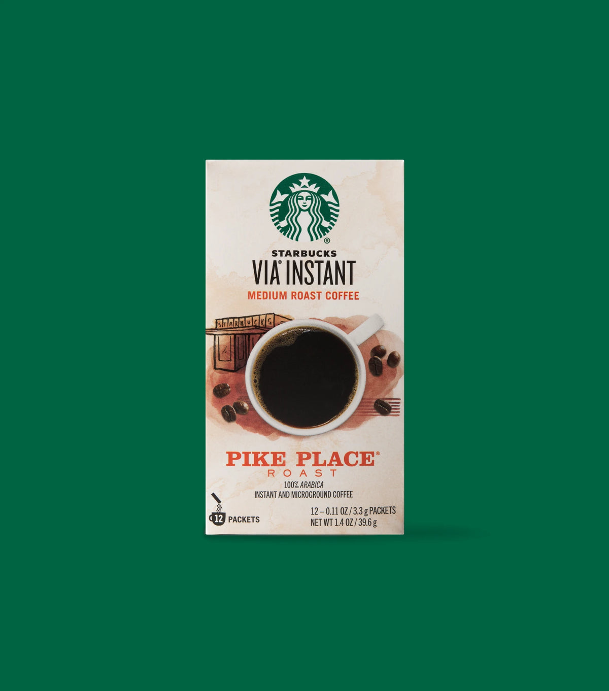 Starbucks VIA Instant Medium Roast Coffee Pike Place Roast box packaging on a light green background.