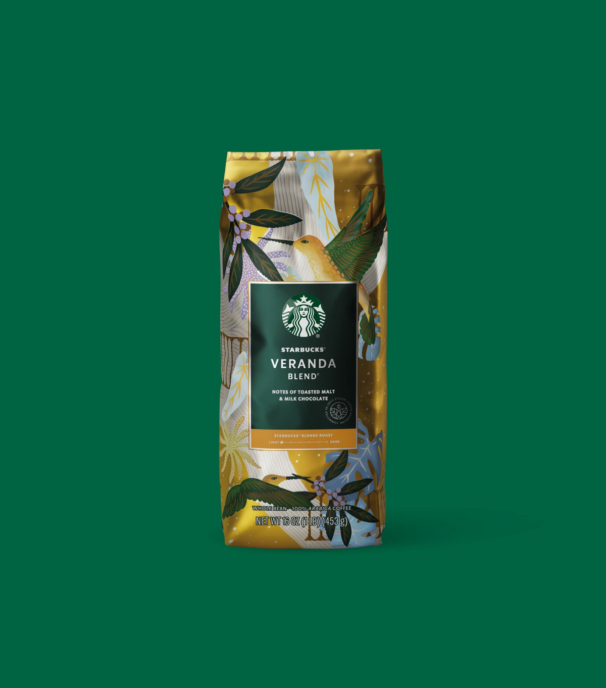 Starbucks Veranda Blend coffee bag with artistic design on a green background.