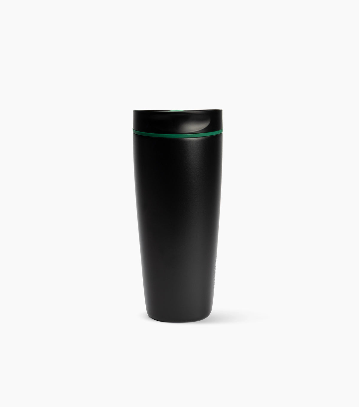 A matte black travel tumbler with a matching black lid and a thin green accent ring near the top, shown on a clean white background.