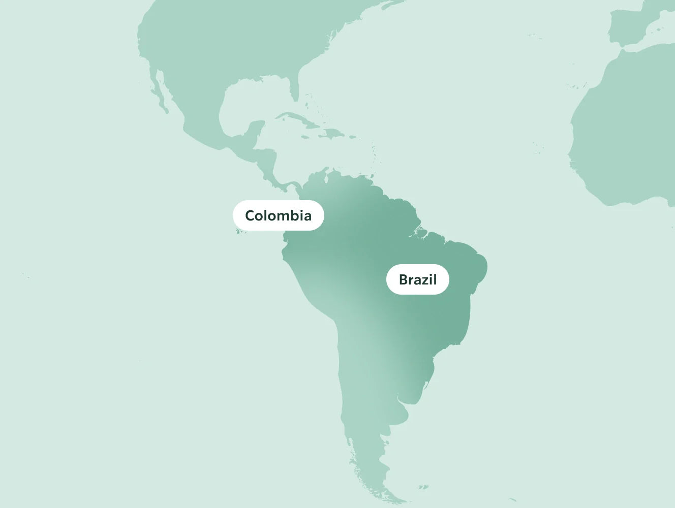 Map of South America highlighting Colombia and Brazil on a light green background.