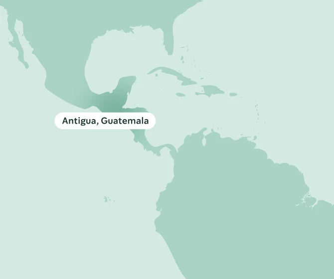Map highlighting Antigua, Guatemala on a light green background.