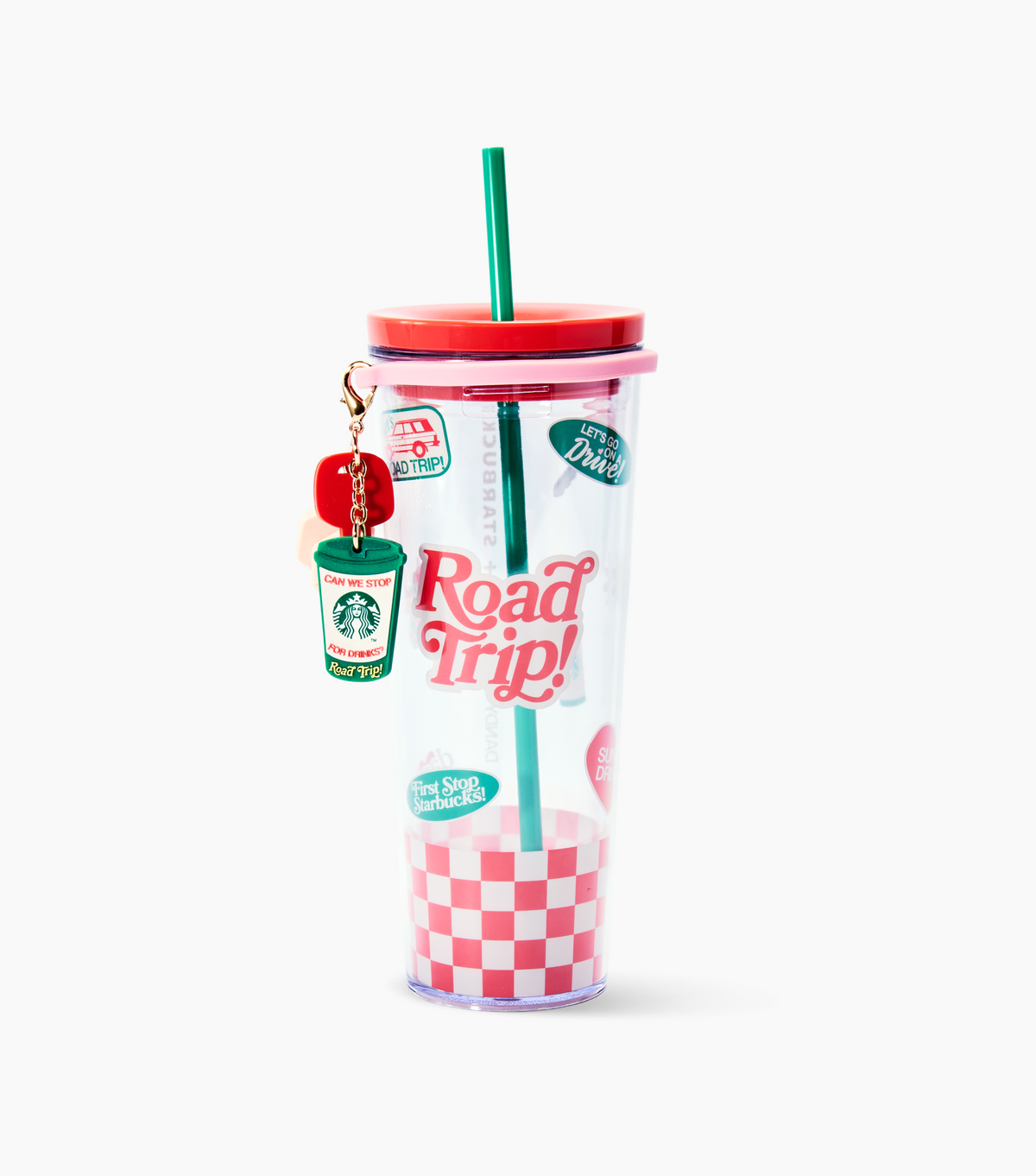A Starbucks Road Trip themed tumbler with a red lid, green straw, and a small Starbucks cup keychain charm, shown on a clean white background.