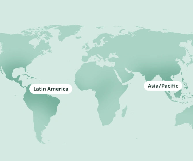 World map highlighting Latin America and Asia/Pacific regions on a light green background.