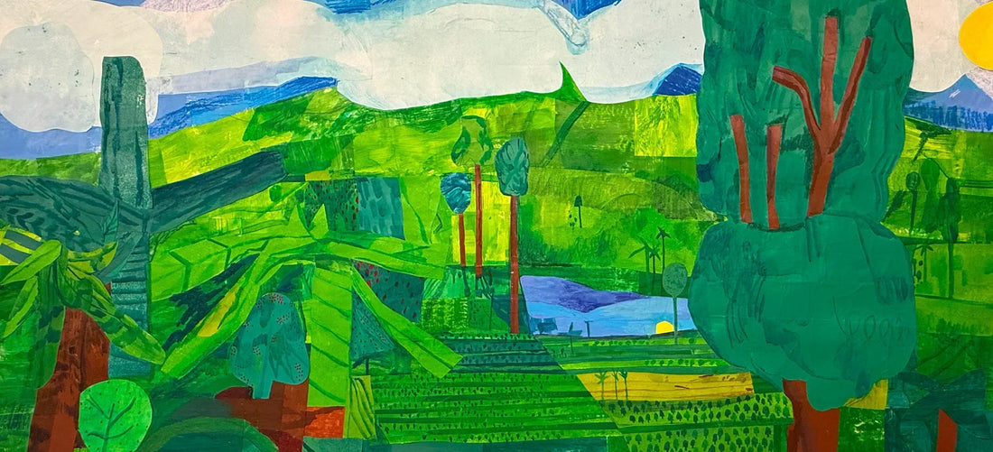 A colorful collage-style painting of a green hilly landscape with trees, fields and a river.