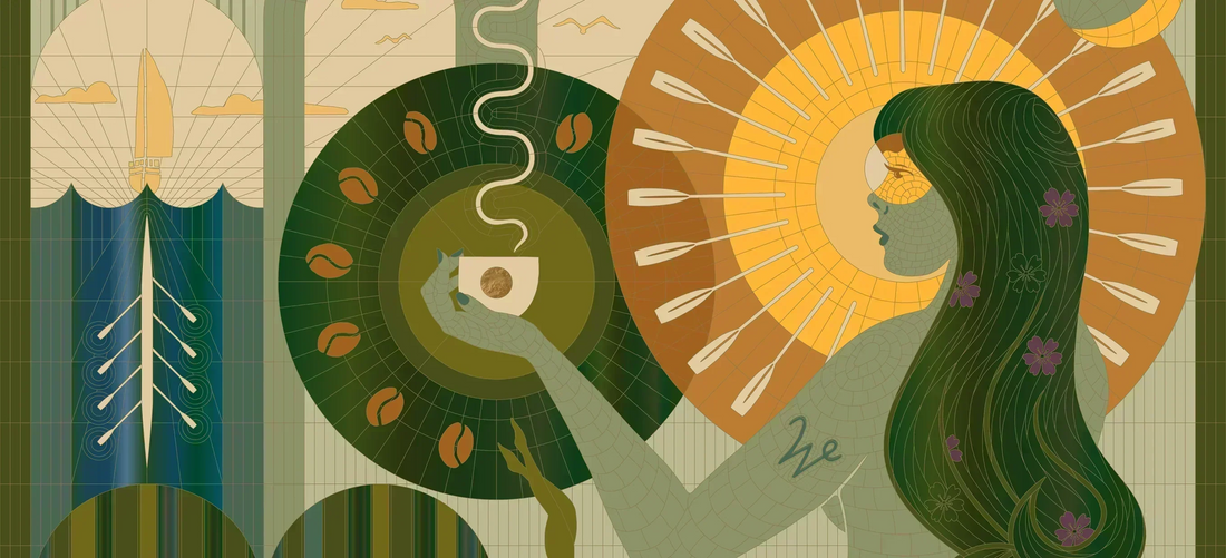 An illustration of a woman with flowing green hair holding a cup of coffee, framed by coffee beans and a golden sunburst.