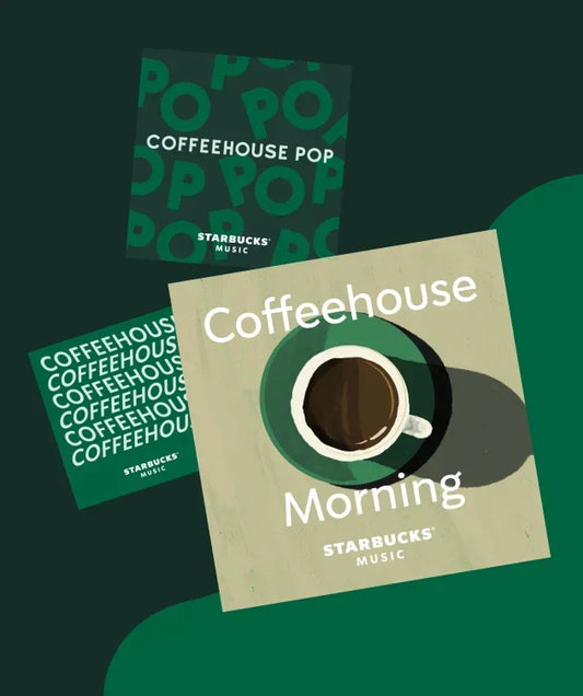 Video thumbnail of three album covers stacked on a green background. The top cover shows a coffee cup with text that says Coffeehouse Morning with Starbucks Music underneath it. Another one reads Coffeehouse Pop and the other says Coffeehouse repeatedly.