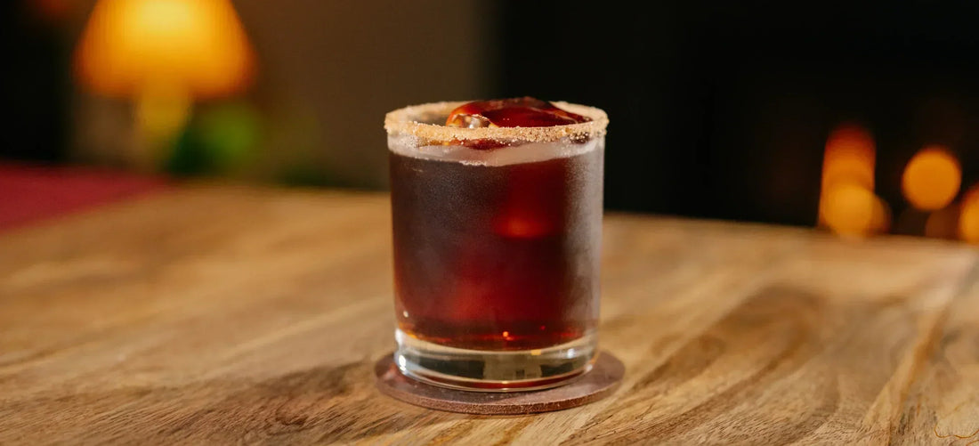 Glass of Iced Coffee Apple Pie with a sugared rim on a wooden surface, blurred background.