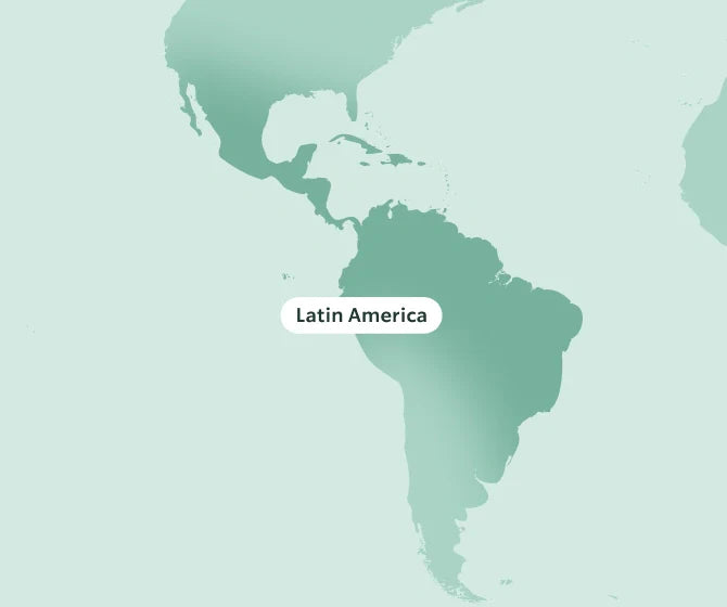 Map highlighting Latin America on a light green background.