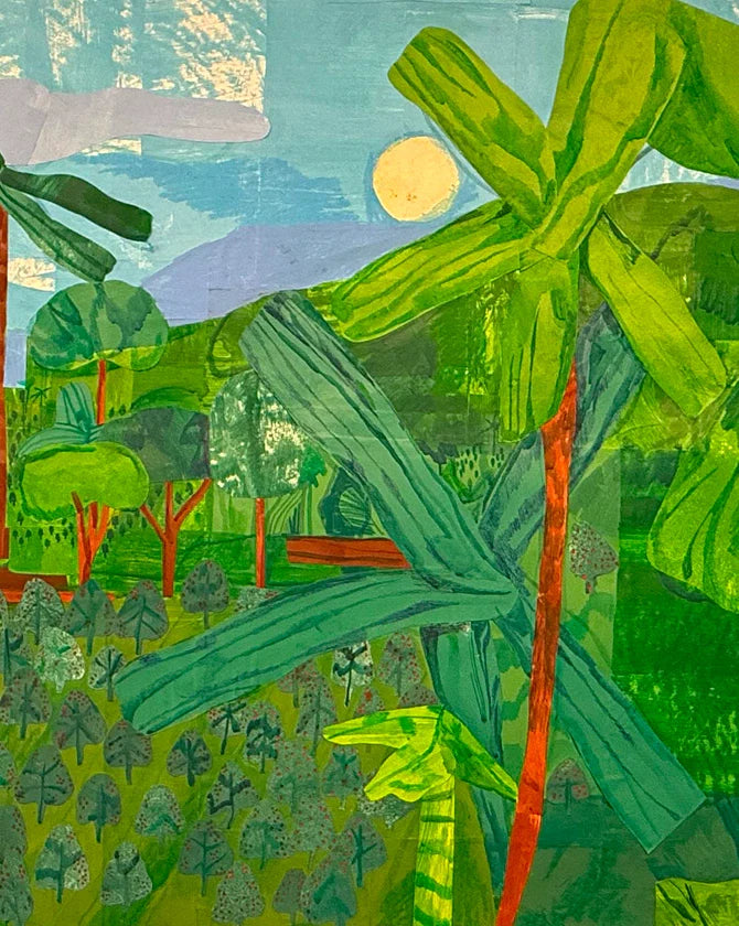 Colorful tropical landscape drawing with palm trees, fields and mountains by Hampton Boyer.