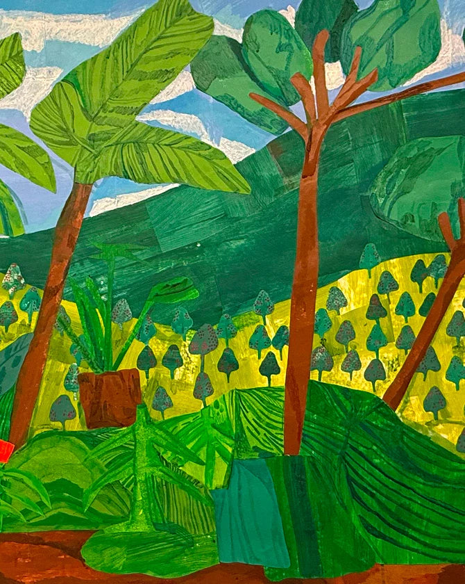 Colorful painting of a tropical landscape with trees and plants by Hampton Boyer.