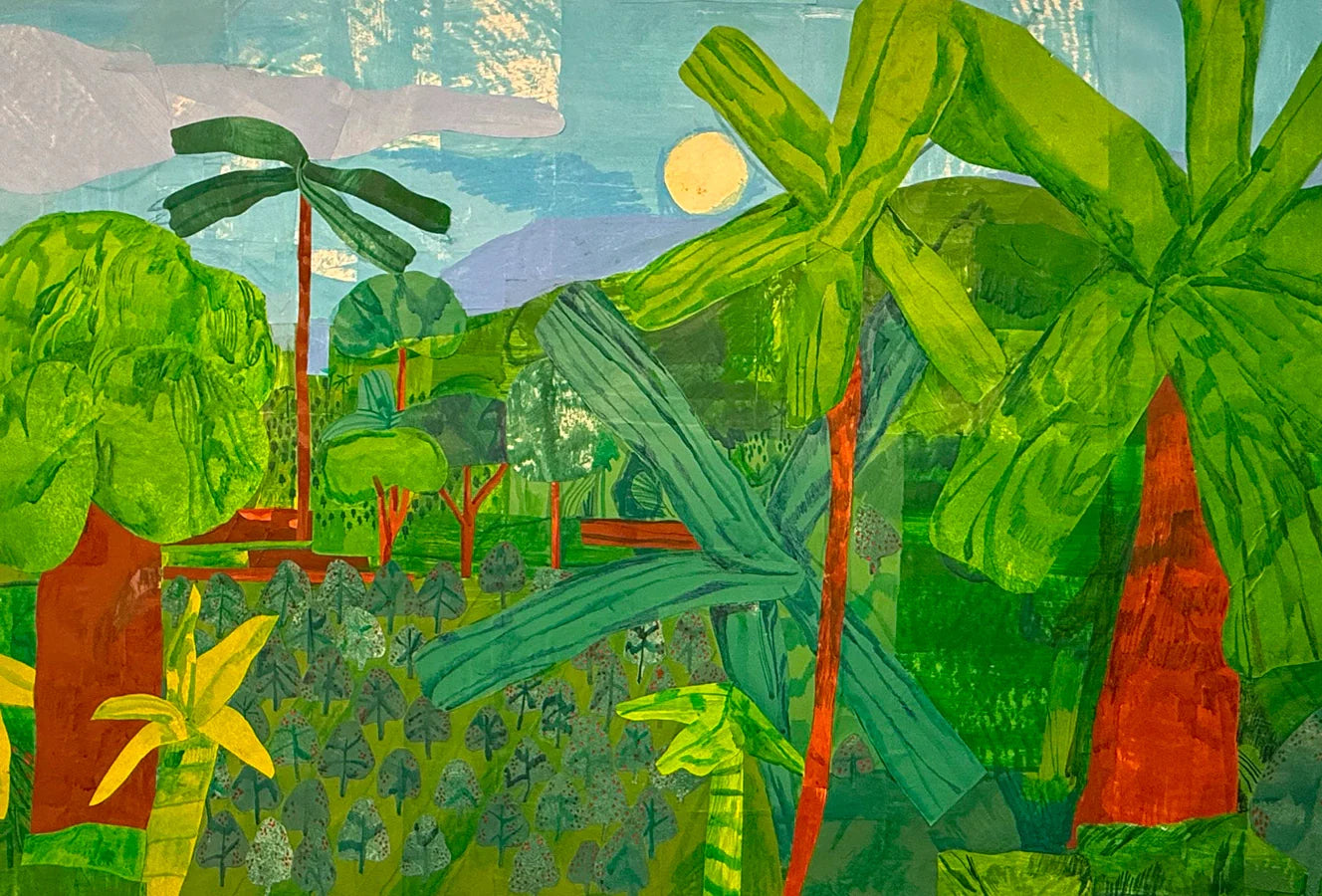 Colorful tropical landscape drawing with palm trees, fields and mountains by Hampton Boyer.