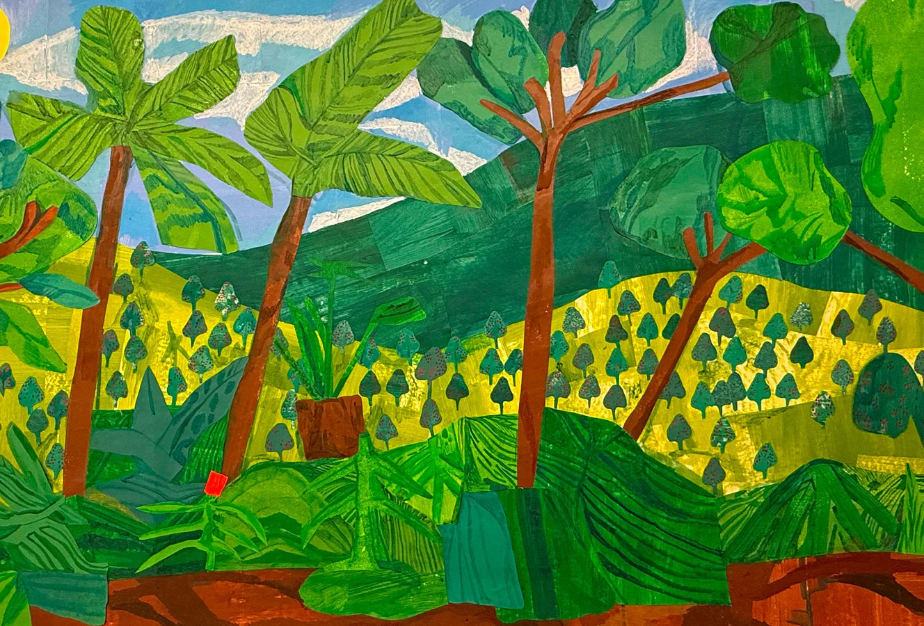 Colorful tropical landscape drawing with palm trees and greenery by Hampton Boyer.