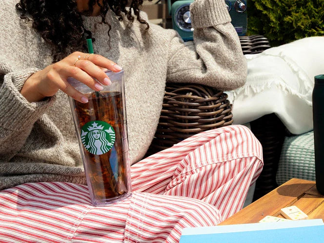 Person holding a plastic Starbucks Classic Cold Cup outdoors filled with iced coffee.