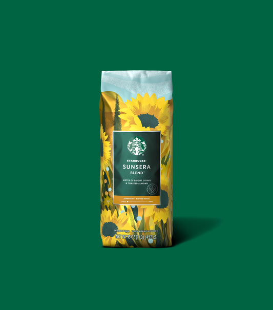 Starbucks Sunsera Blend coffee bag with sunflower design on a green background.