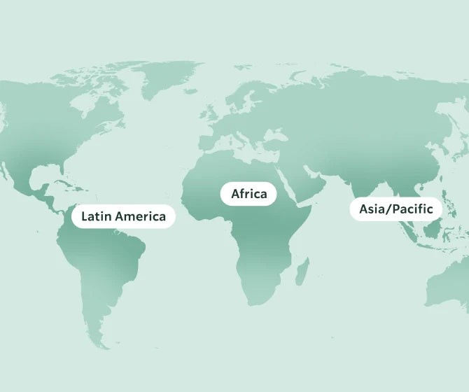 World map highlighting Latin America, Africa, and Asia Pacific regions on a light green background.
