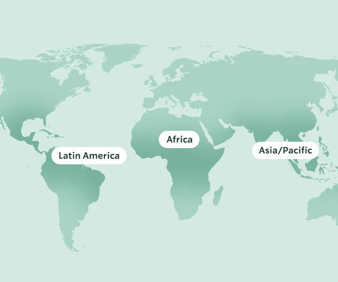 World map highlighting Latin America, Africa, and Asia Pacific regions on a light green background.