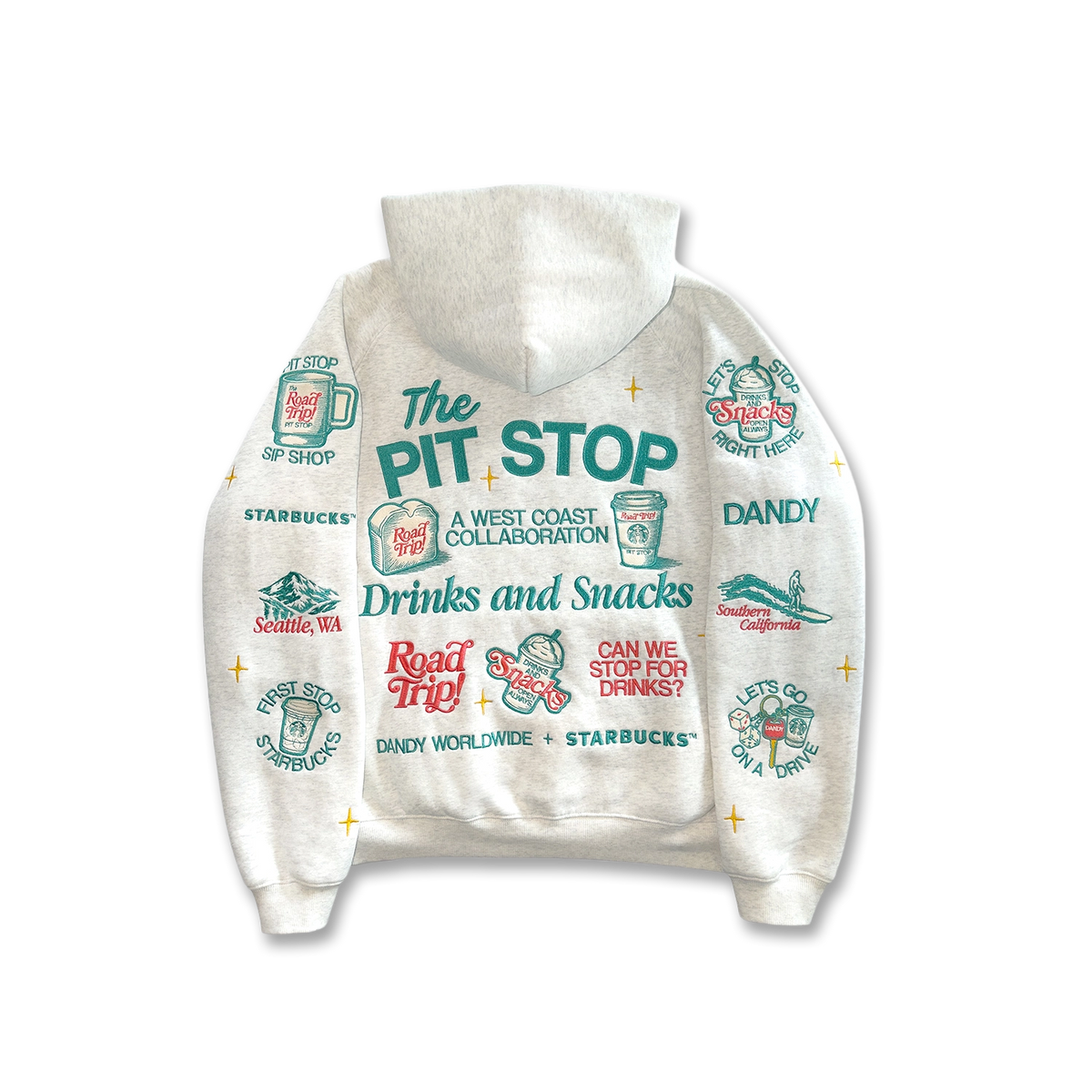 A white hooded sweatshirt featuring a colorful graphic print with 'The PIT STOP' text and various Starbucks and Dandy logos and illustrations, shown against a plain white background.