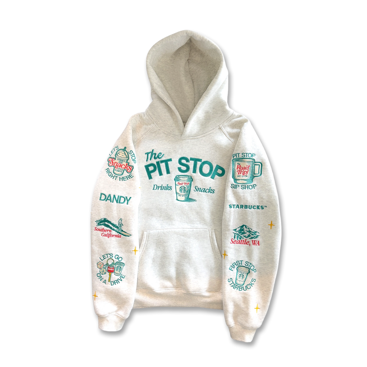An off-white hooded sweatshirt with a colorful graphic print featuring 'The Pit Stop' and various cartoon illustrations on both sleeves, shown against a plain white background.