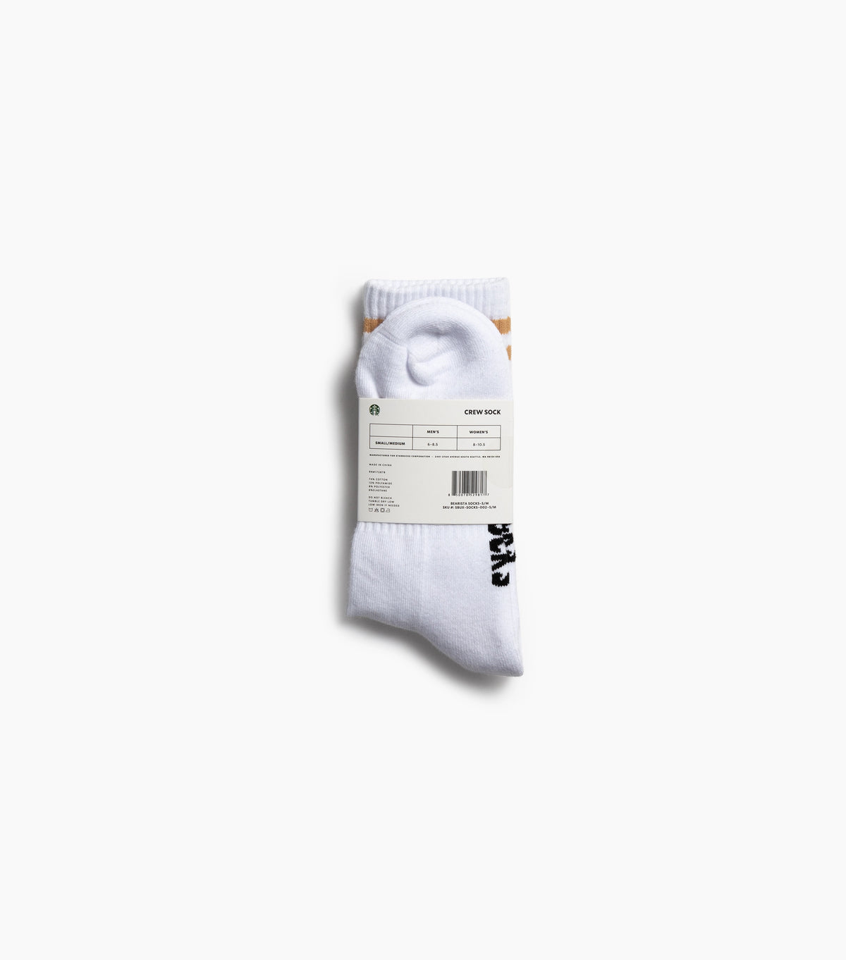 White socks with a label on a light gray background