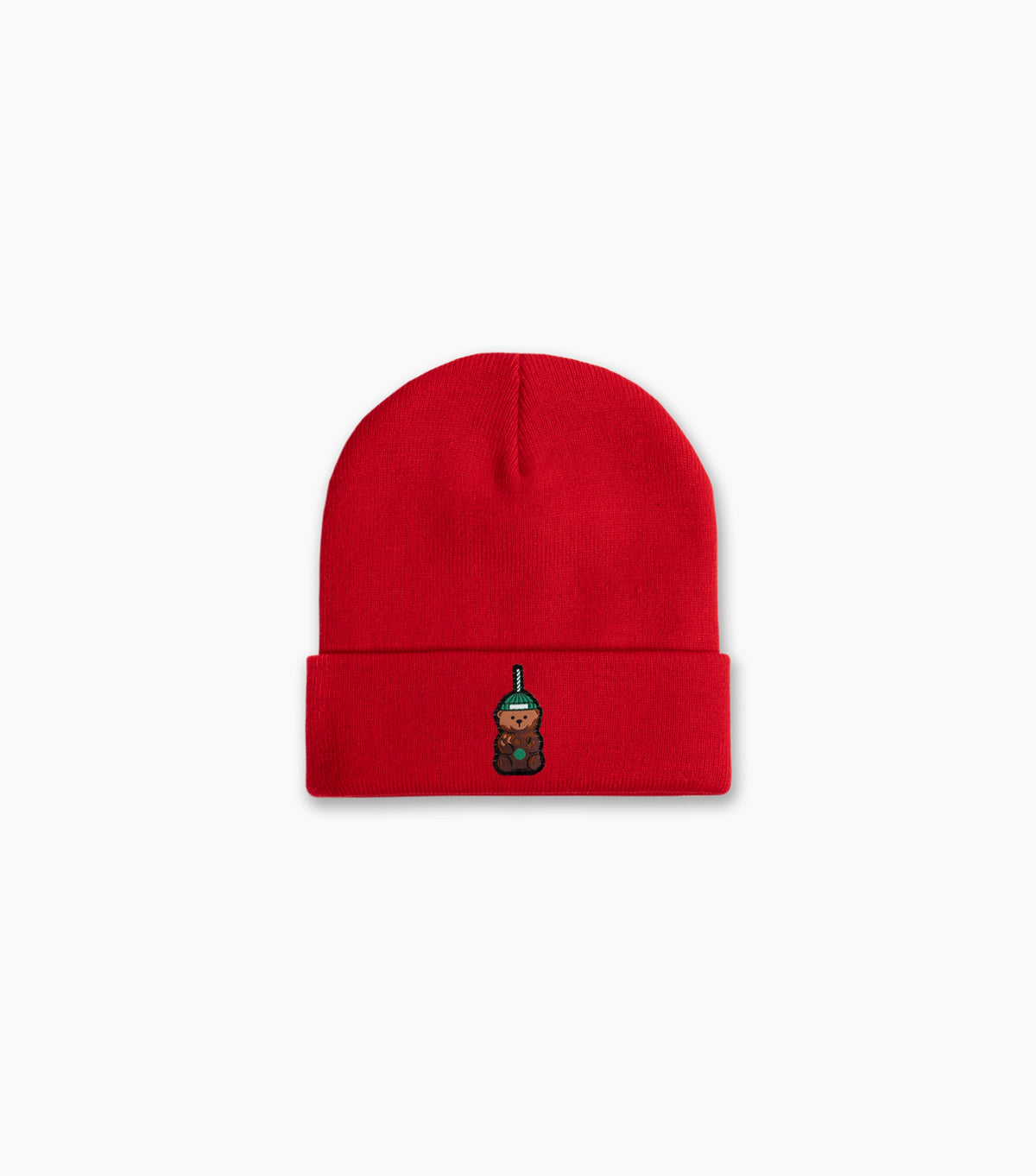 Red beanie with a small embroidered design on a white background