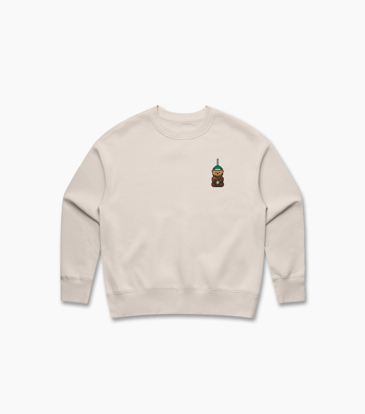 Beige sweatshirt with a small embroidered design on a white background
