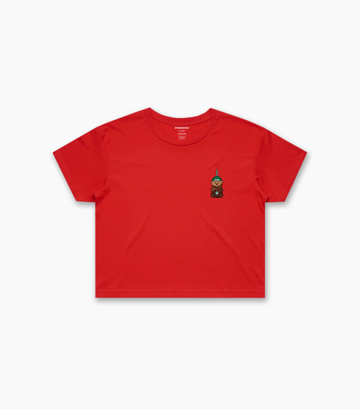 Red t-shirt with a small graphic on the chest against a light gray background