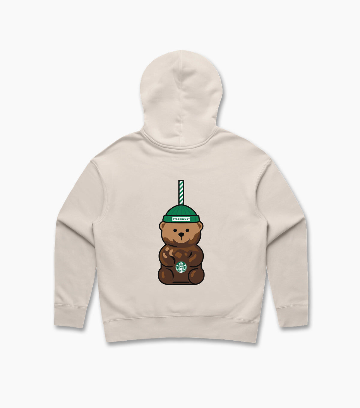 Back view of a women’s cream hoodie with a large Bearista bear graphic centered on the back, wearing a green Starbucks beanie with a straw detail.