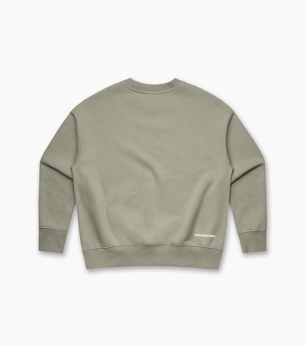 Back view of an olive-green women’s crewneck sweatshirt with a small white ‘STARBUCKS’ logo printed near the lower right hem.