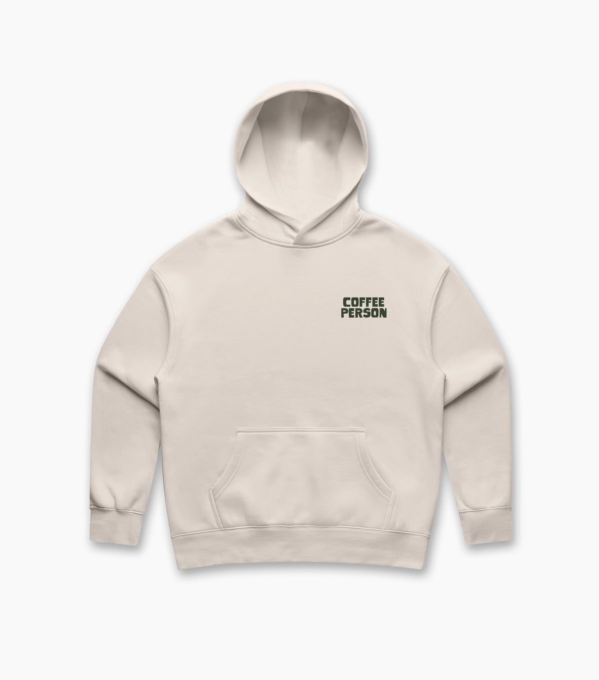 Beige hoodie with 'COFFEE PERSON' text on a white background
