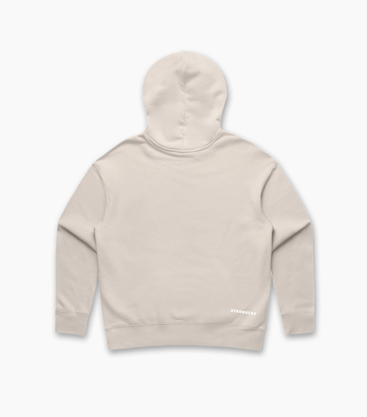 Beige hoodie with a brand logo on a light gray background