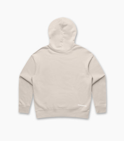 Beige hoodie with a brand logo on a light gray background