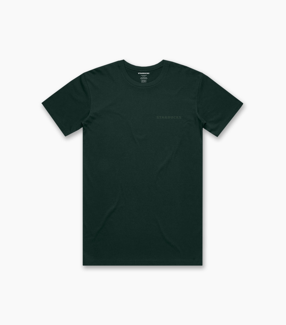 Front view of a deep house-green unisex essential T-shirt with a subtle tonal ‘STARBUCKS’ logo printed on the left chest.