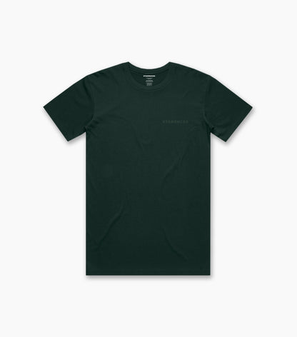Front view of a deep house-green unisex essential T-shirt with a subtle tonal ‘STARBUCKS’ logo printed on the left chest.