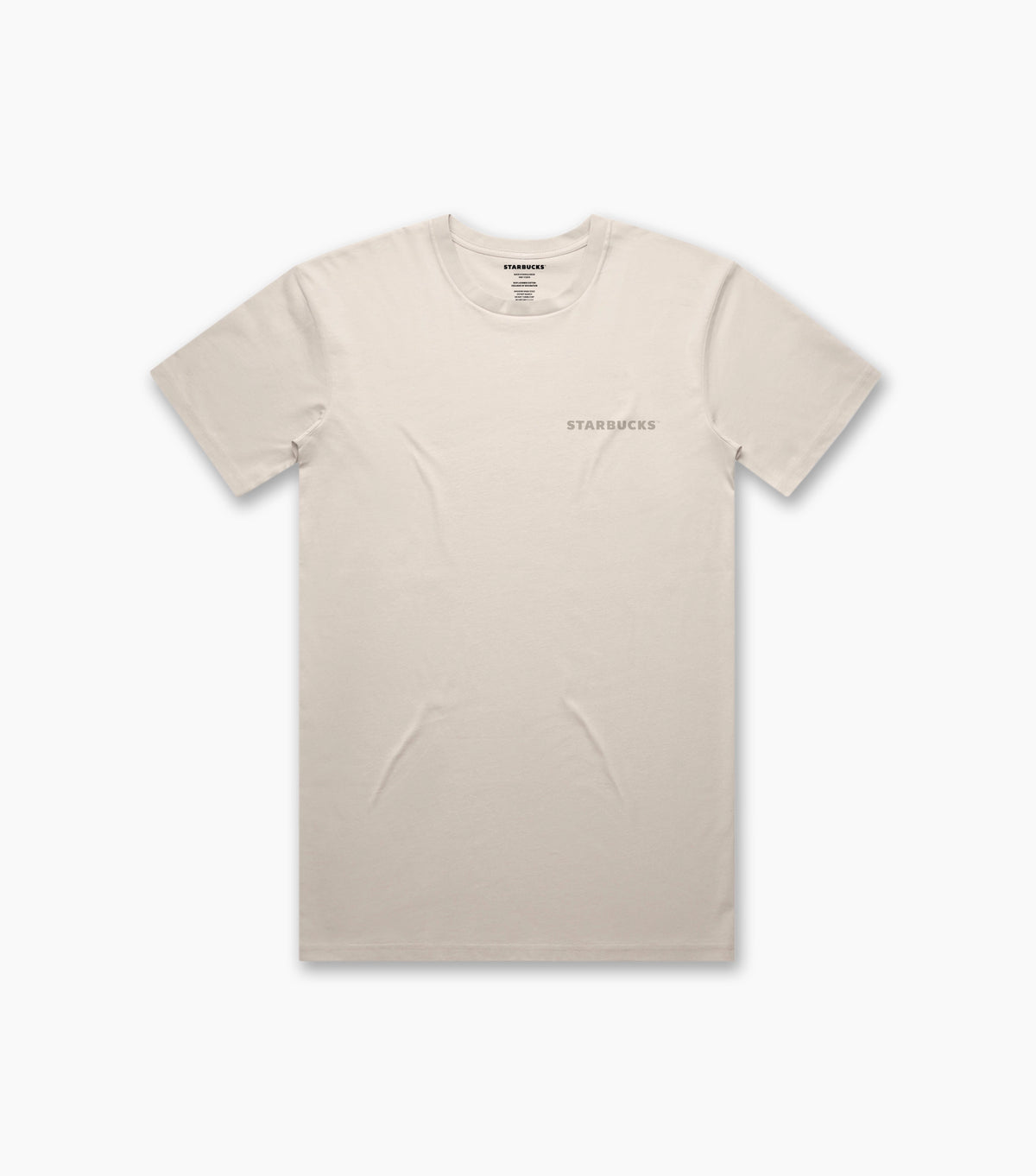 Front view of a natural off-white unisex essential T-shirt with a subtle tonal ‘STARBUCKS’ logo printed on the left chest.