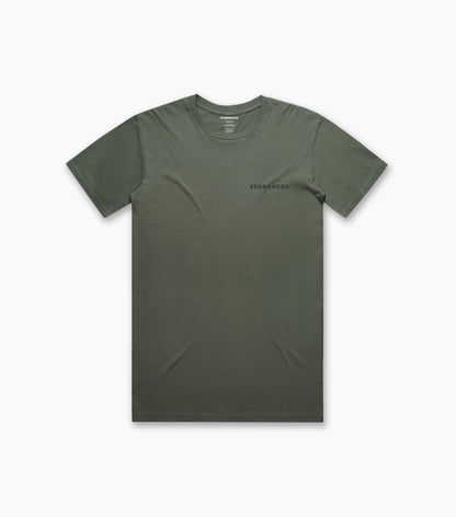 Front view of a sage-green unisex essential T-shirt with a tonal ‘STARBUCKS’ logo printed on the left chest.