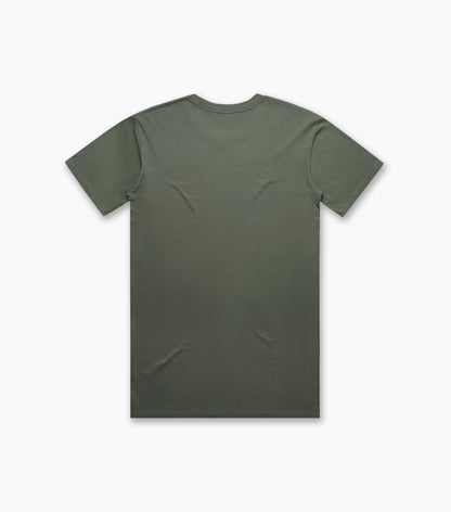 Back view of a sage-green unisex essential T-shirt with no graphics or embellishments.