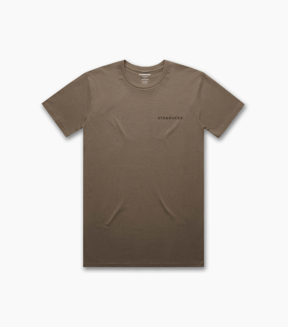 Front view of a walnut-brown unisex essential T-shirt with a tonal ‘STARBUCKS’ logo printed on the left chest.