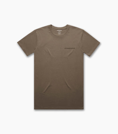 Front view of a walnut-brown unisex essential T-shirt with a tonal ‘STARBUCKS’ logo printed on the left chest.