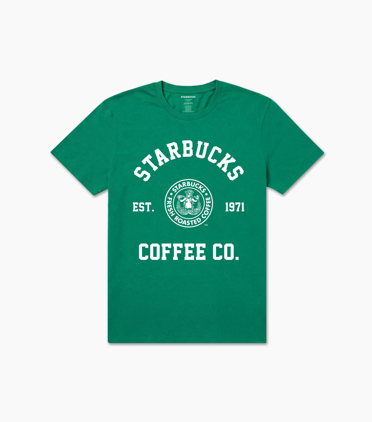 Green t-shirt with Starbucks Coffee Co. logo on a light gray background