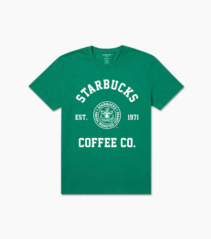 Green t-shirt with Starbucks Coffee Co. logo on a light gray background
