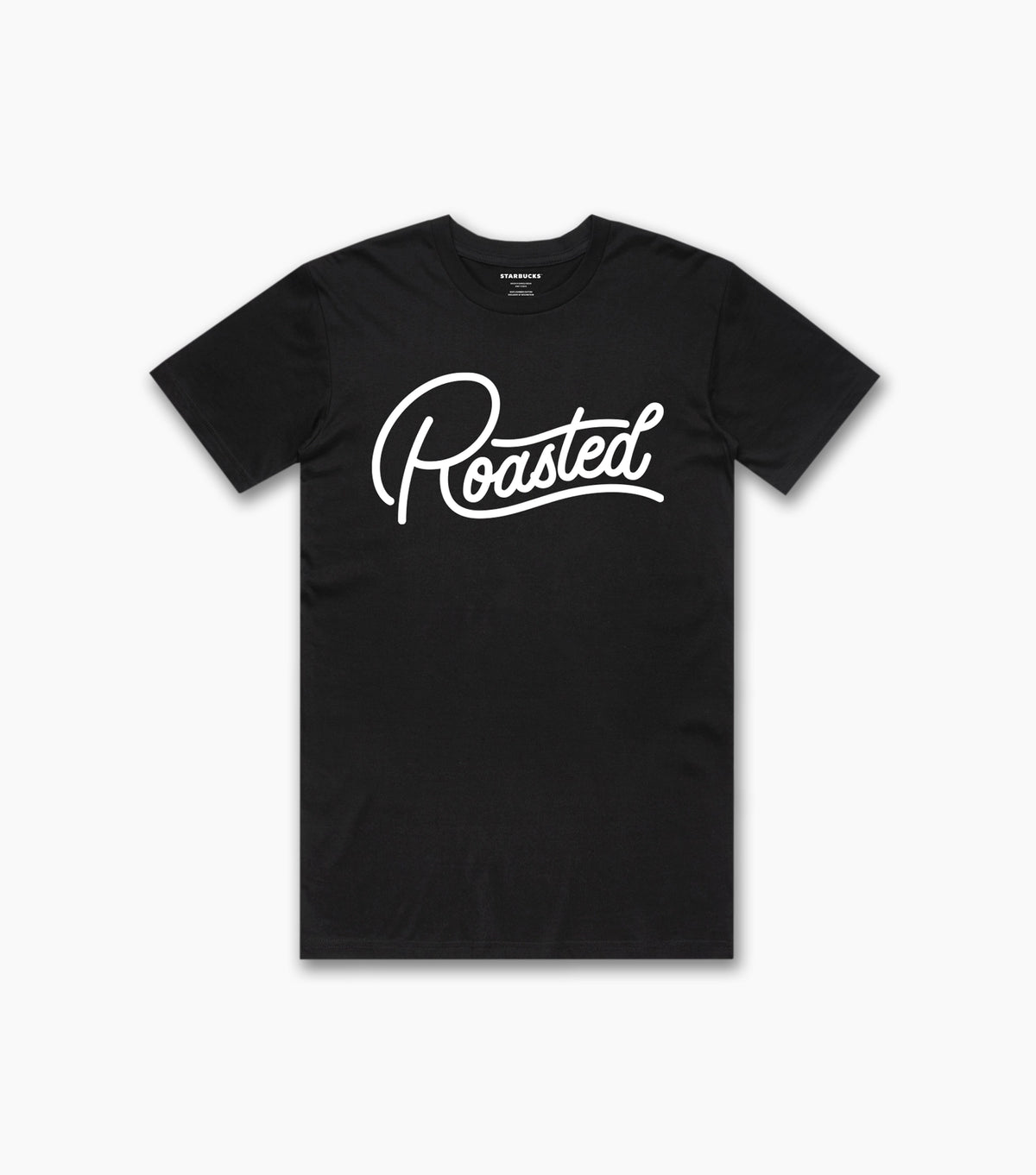 Front view of a black unisex T-shirt featuring a large white ‘Roasted’ script graphic across the chest.